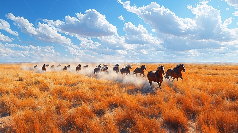 高清大图下载【趣麦麦图】草原奔腾的马群