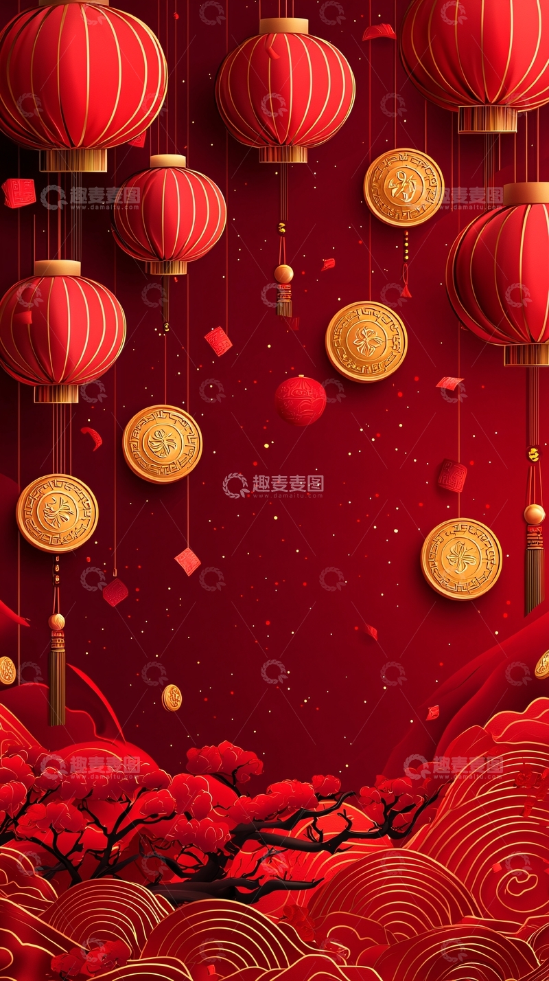 高清大图下载【趣麦麦图】红色灯笼与金币背景
