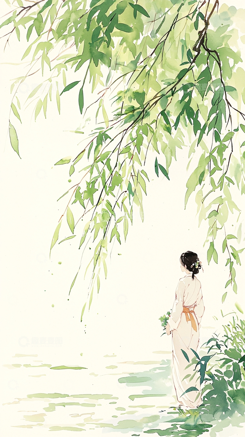 高清大图下载【趣麦麦图】柳下女子水边静思
