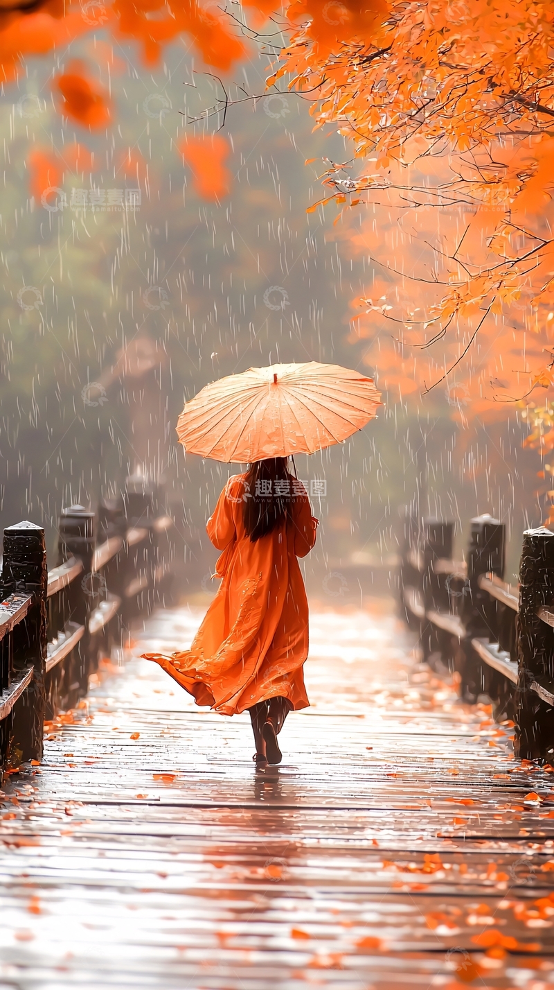 高清大图下载【趣麦麦图】秋雨中撑伞的女子