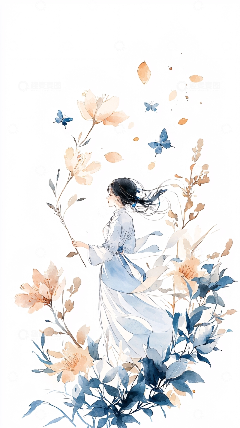 高清大图下载【趣麦麦图】飘逸少女与花蝶