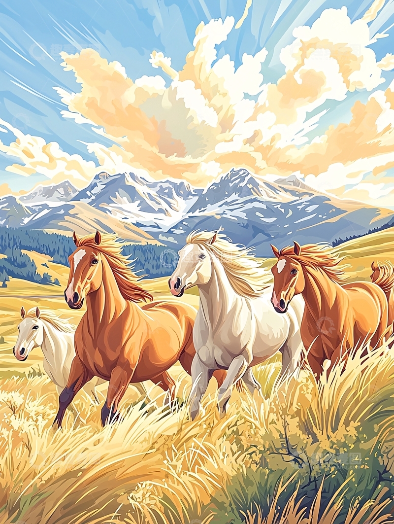 高清大图下载【趣麦麦图】奔腾的骏马在草原上