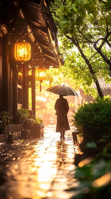 雨巷中的灯笼与行人