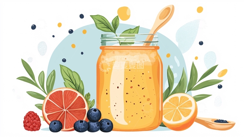 高清大图下载【趣麦麦图】-健康果汁与新鲜水果插画
