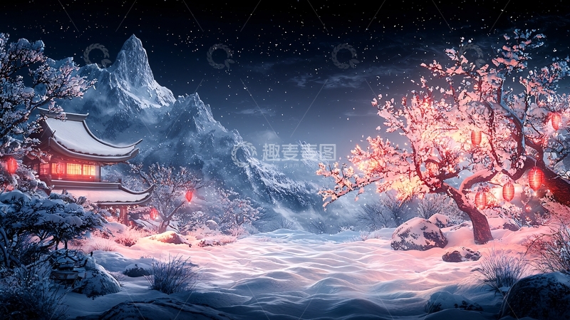 高清大图下载【趣麦麦图】雪夜古屋樱花灯笼