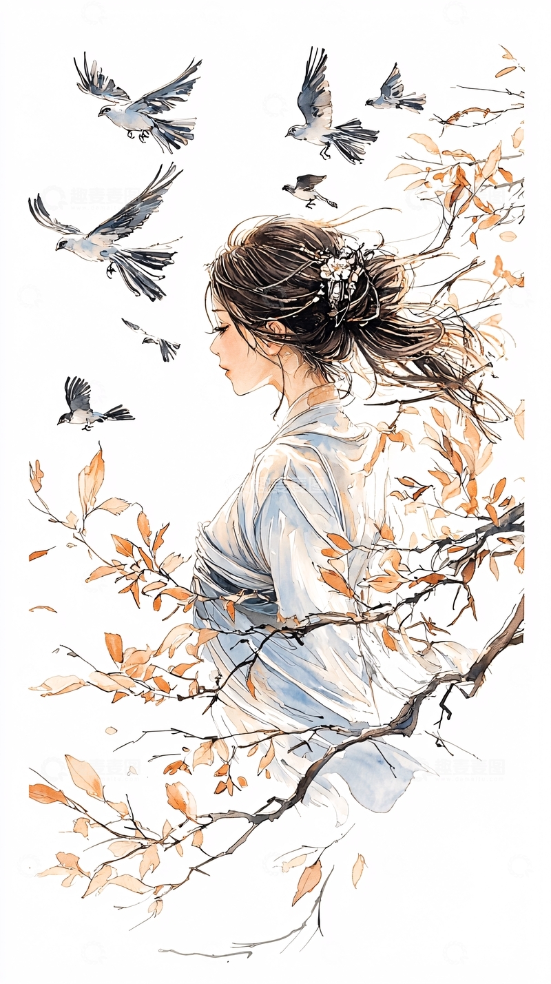 高清大图下载【趣麦麦图】秋日女子与飞鸟