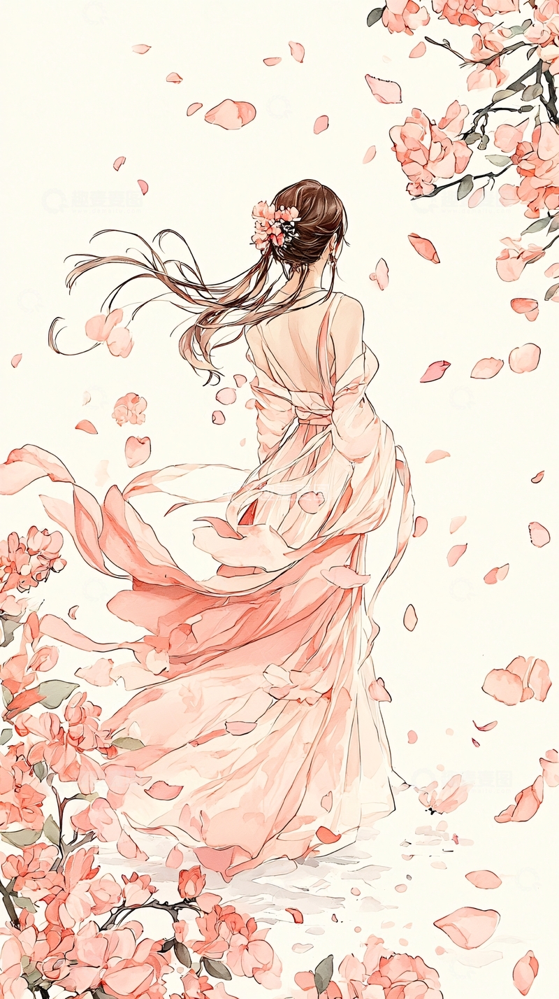 高清大图下载【趣麦麦图】樱花飘落下的女子背影