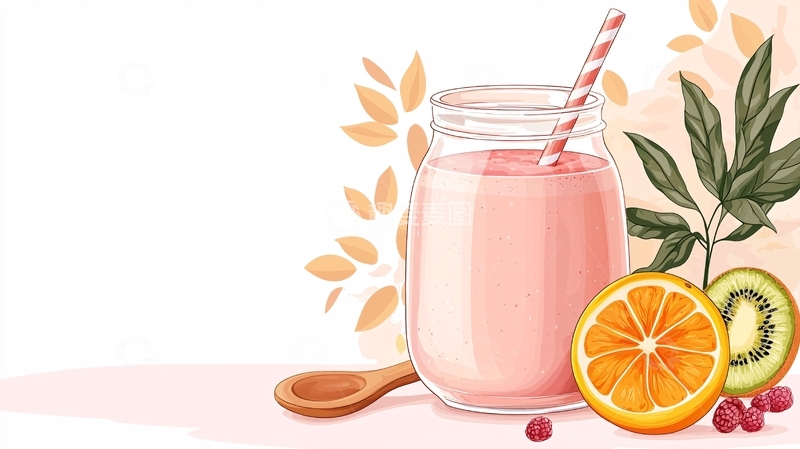 高清大图下载【趣麦麦图】粉色果汁与水果插画