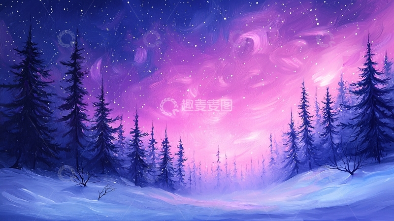 高清大图下载【趣麦麦图】梦幻紫色星空下的雪林