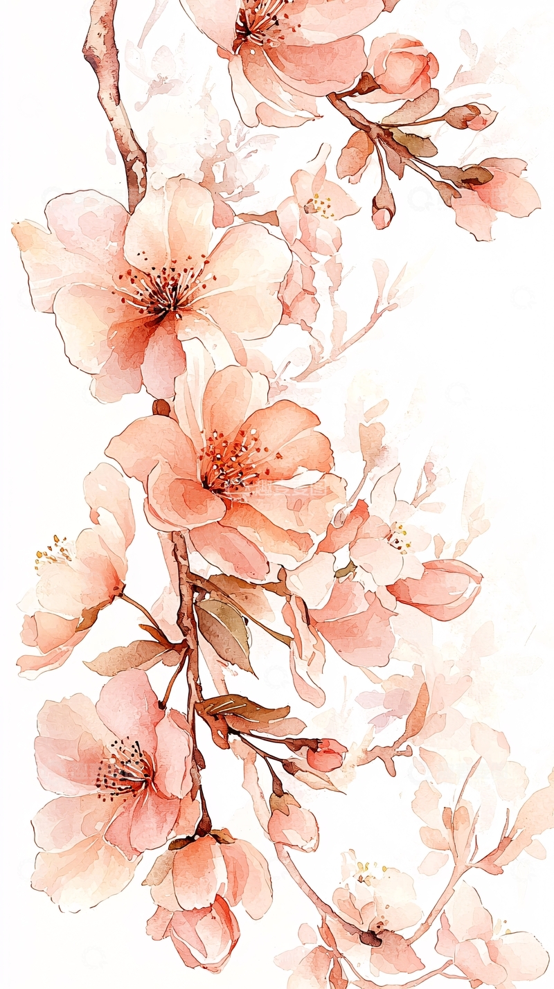 高清大图下载【趣麦麦图】桃花盛开水彩画背景图