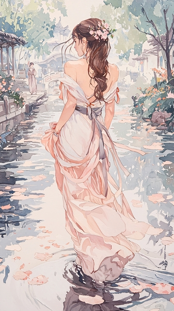 古风女子漫步小桥流水