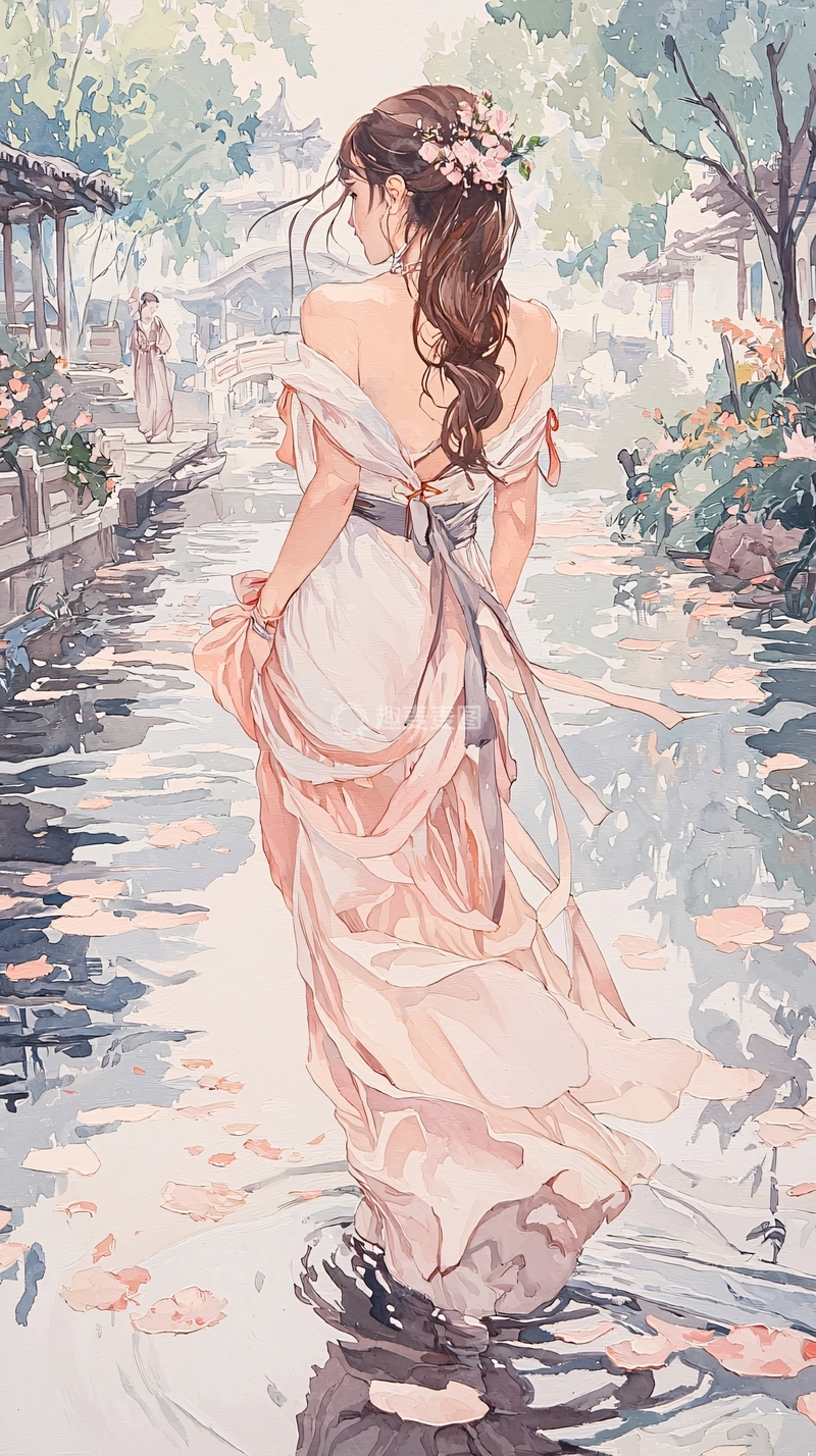高清大图下载【趣麦麦图】古风女子漫步小桥流水