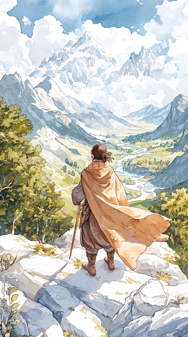 高清大图下载【趣麦麦图】徒步旅行者在雪山脚下