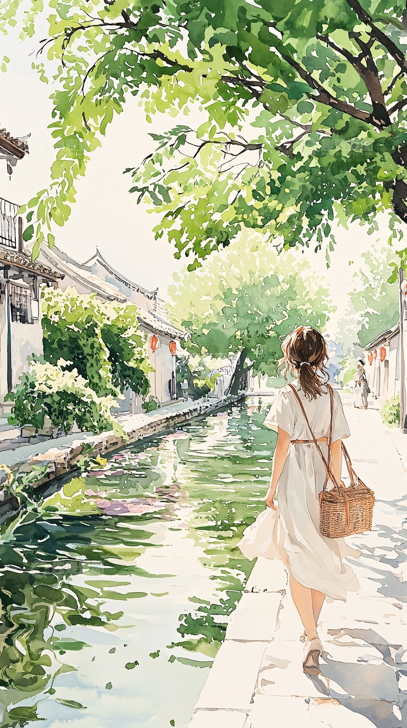 高清大图下载【趣麦麦图】江南水乡女子漫步图