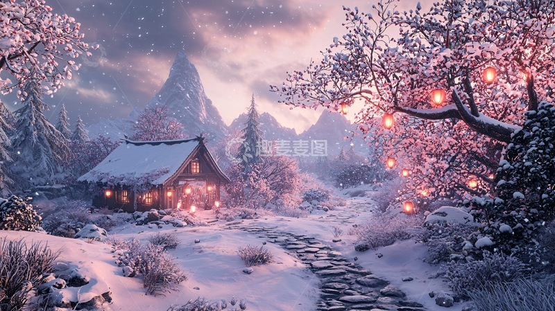高清大图下载【趣麦麦图】冬日雪景中的温馨小屋