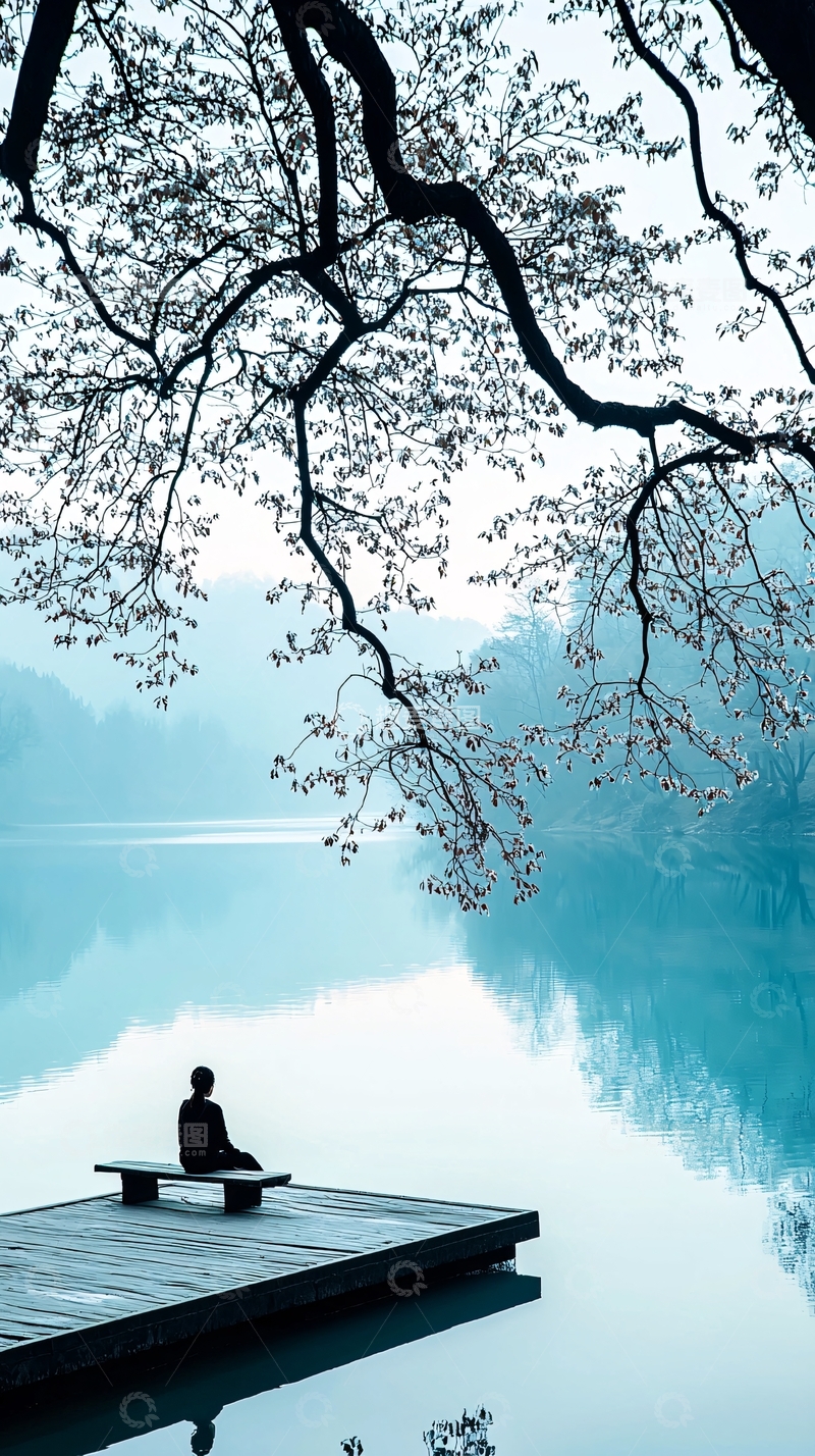 高清大图下载【趣麦麦图】湖边静坐的剪影