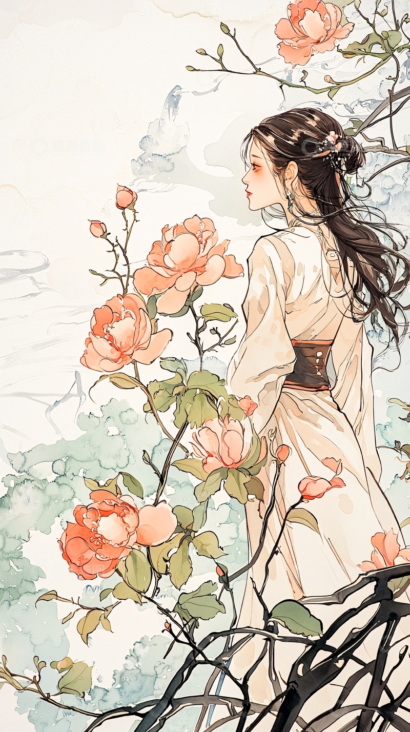 高清大图下载【趣麦麦图】古典美女与盛开的花朵