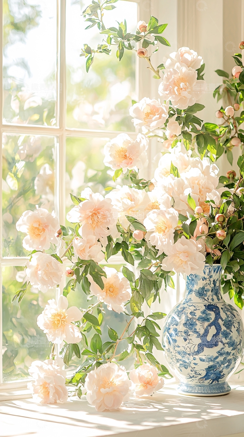 高清大图下载【趣麦麦图】阳光下的花瓶与牡丹