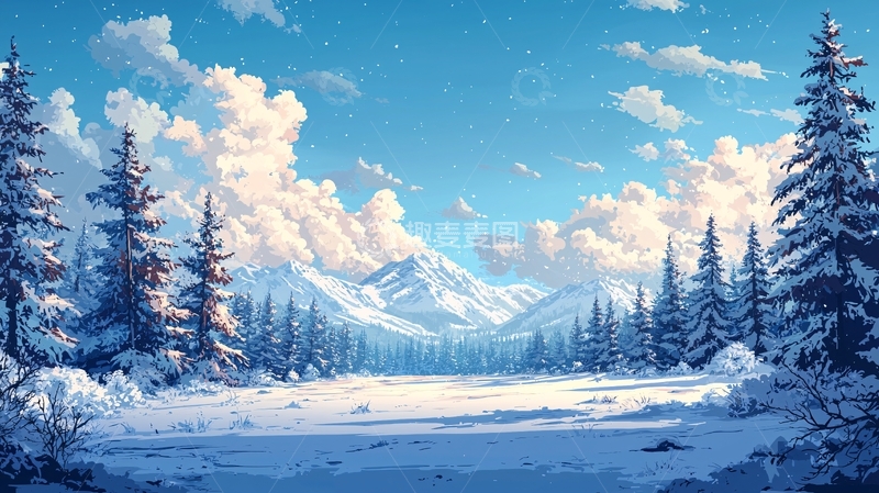 高清大图下载【趣麦麦图】冬日雪山松林风景