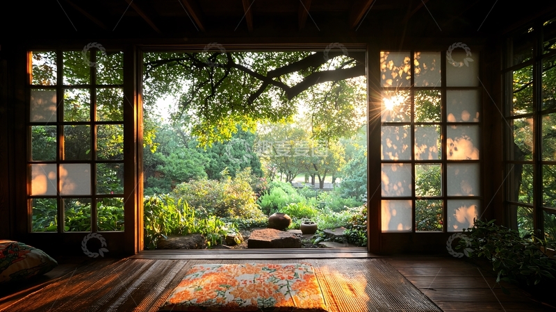 高清大图下载【趣麦麦图】室内门框外的绿色花园景色