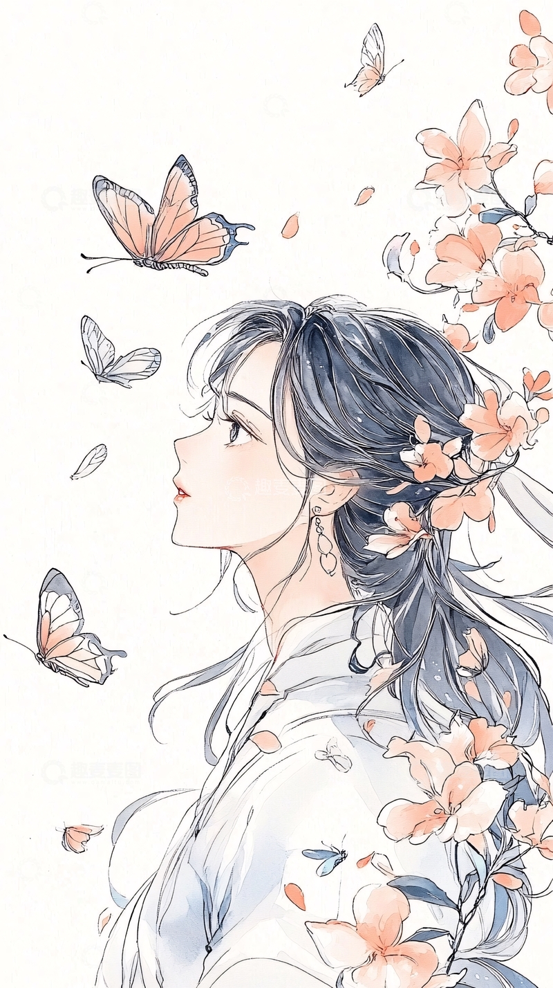 高清大图下载【趣麦麦图】花间蝶舞少女图