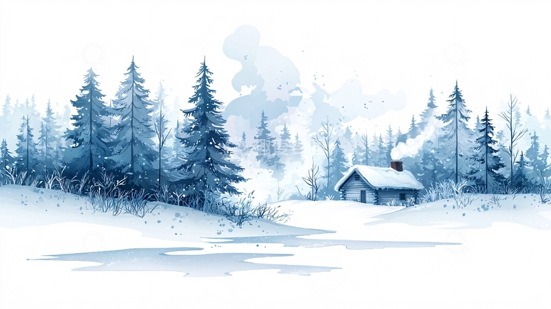 高清大图下载【趣麦麦图】冬日雪景中的小木屋