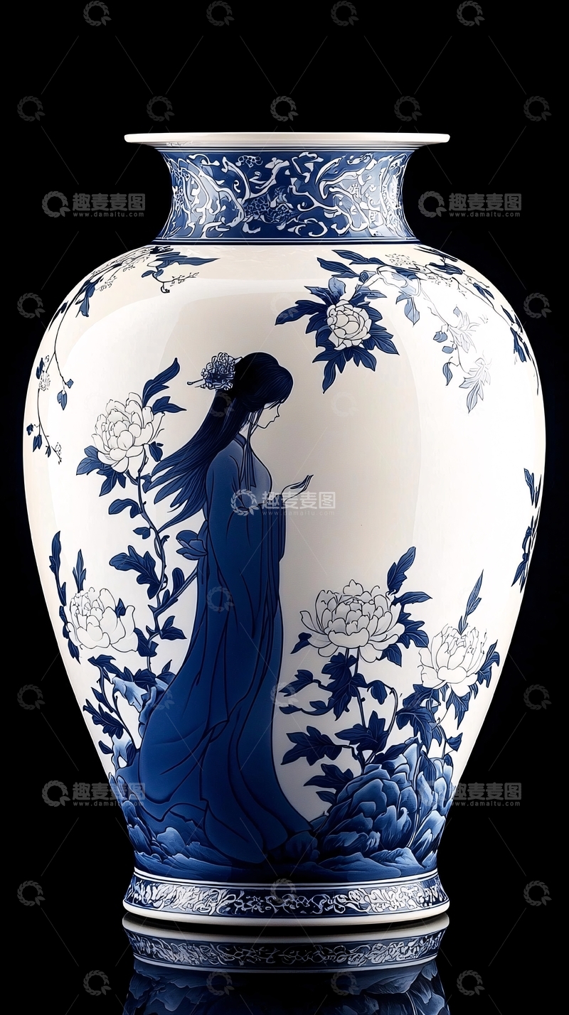 高清大图下载【趣麦麦图】青花瓷人物花卉纹瓶