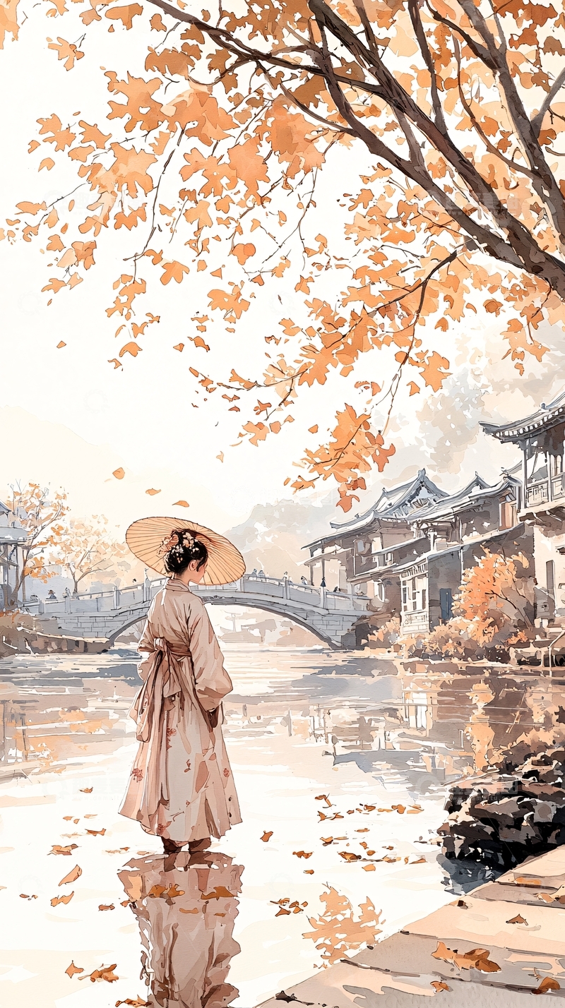 高清大图下载【趣麦麦图】秋日古桥边的女子