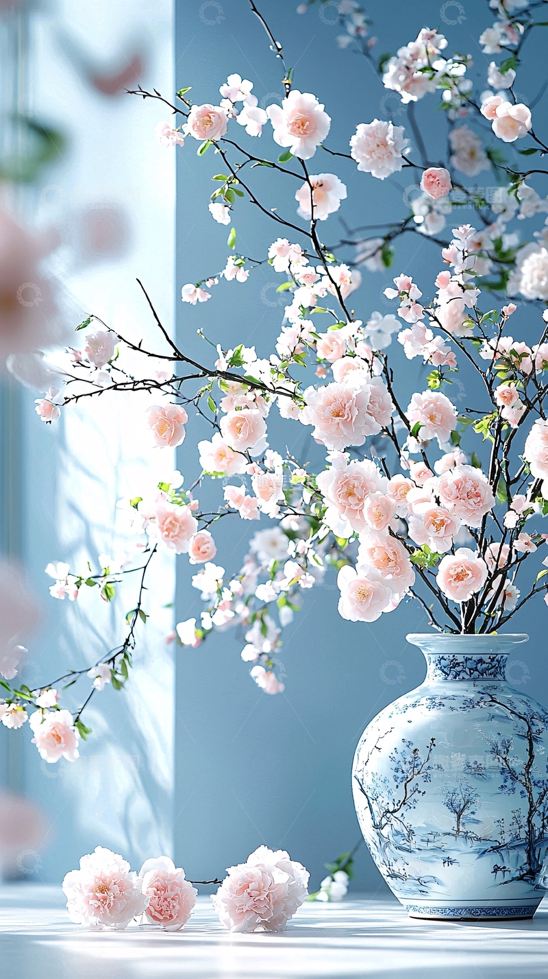 高清大图下载【趣麦麦图】粉白樱花与青花瓷瓶