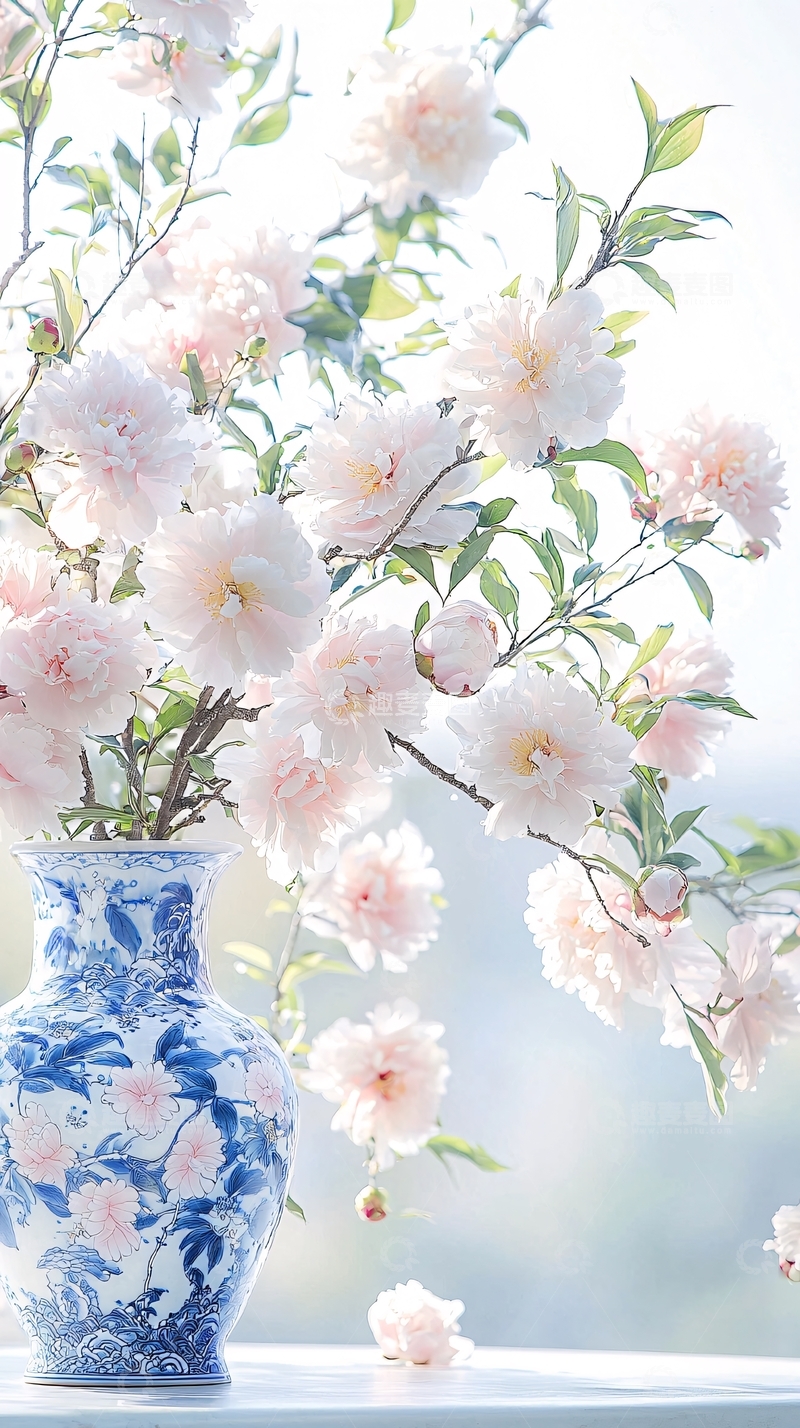 高清大图下载【趣麦麦图】青花瓷瓶与盛开的牡丹花