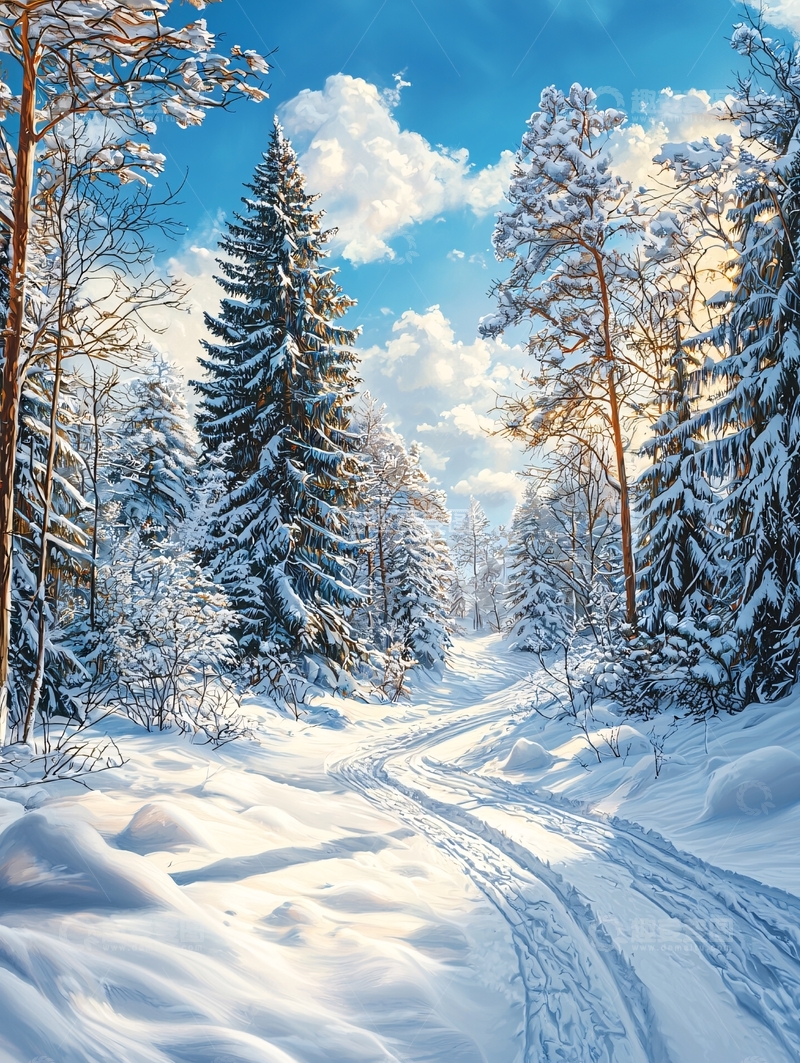 高清大图下载【趣麦麦图】冬日雪景森林小径