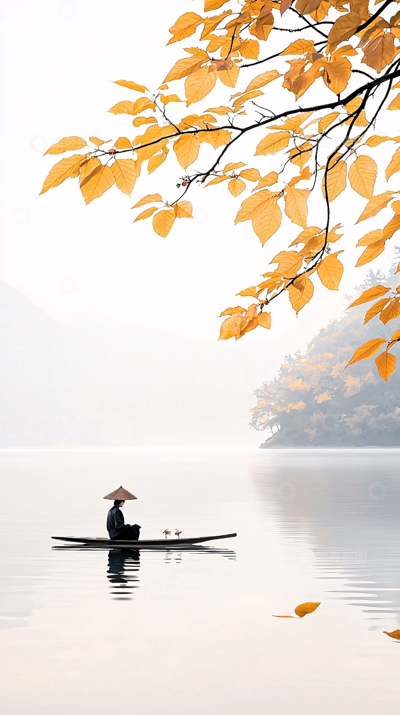 高清大图下载【趣麦麦图】秋日湖畔独舟人影