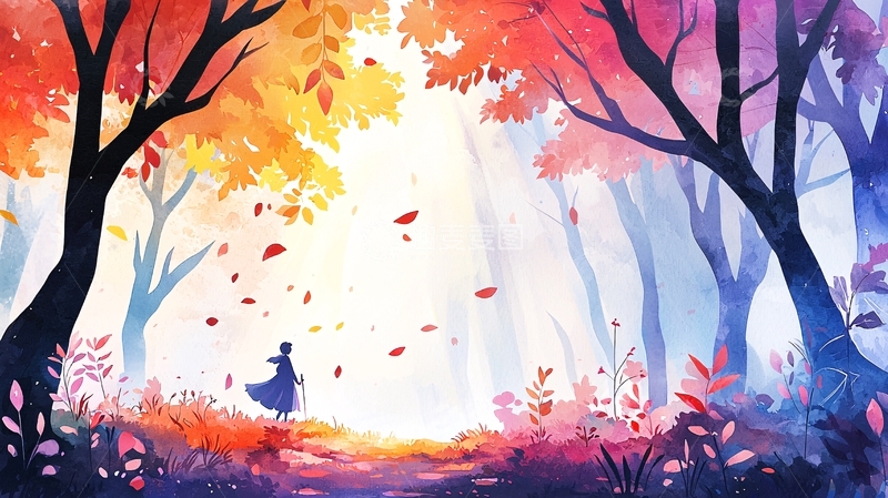 高清大图下载【趣麦麦图】秋日森林中孤独的少女