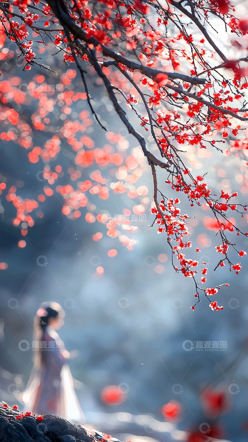 高清大图下载【趣麦麦图】红梅绽放下的朦胧身影