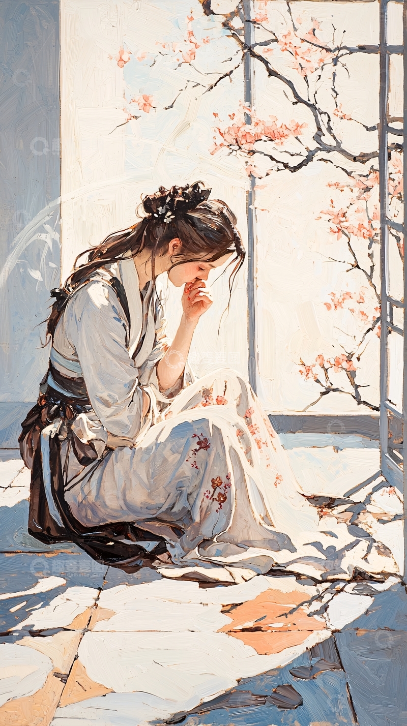 高清大图下载【趣麦麦图】春日花下女子静坐图