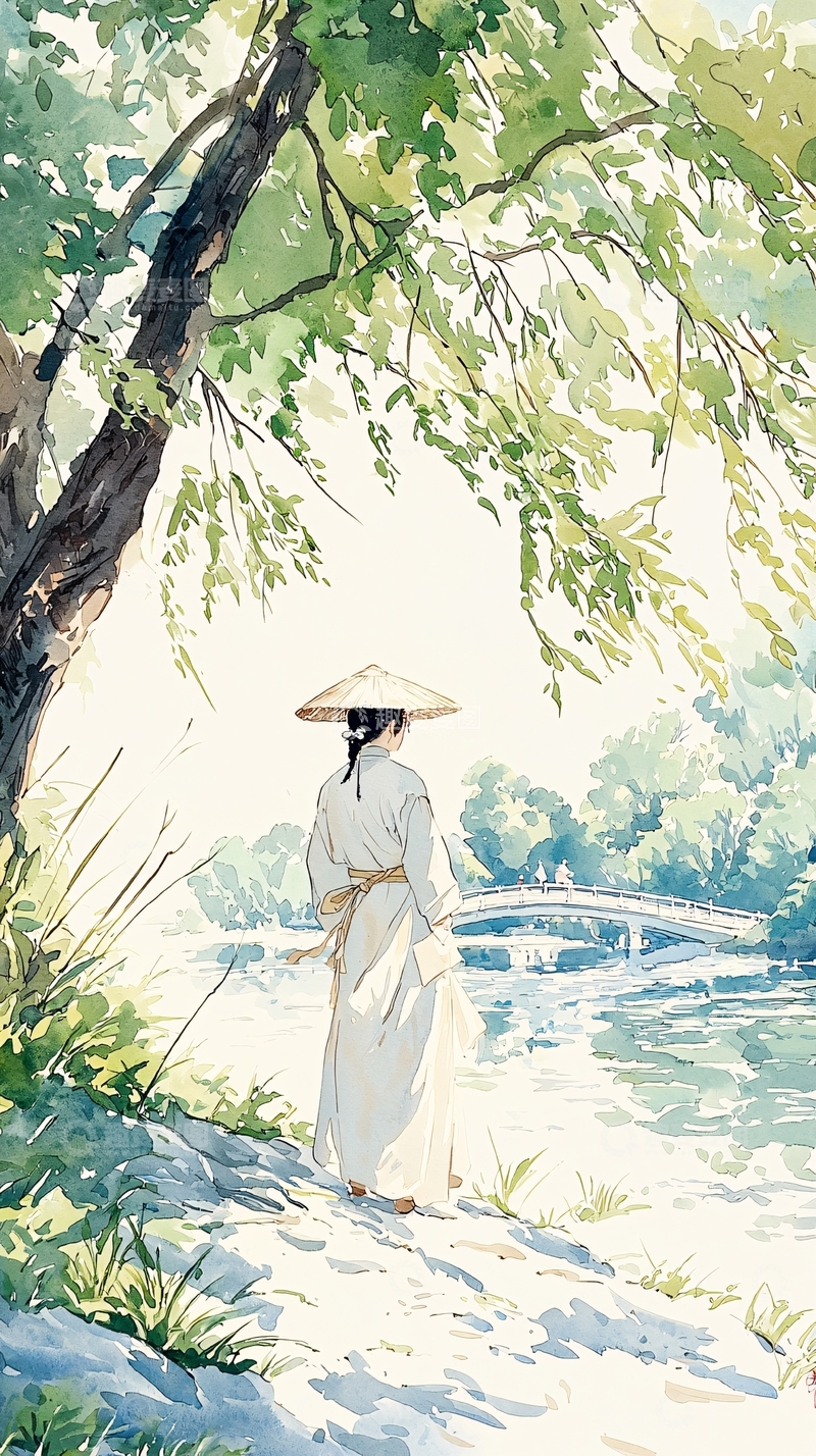 高清大图下载【趣麦麦图】江南女子撑伞漫步河边