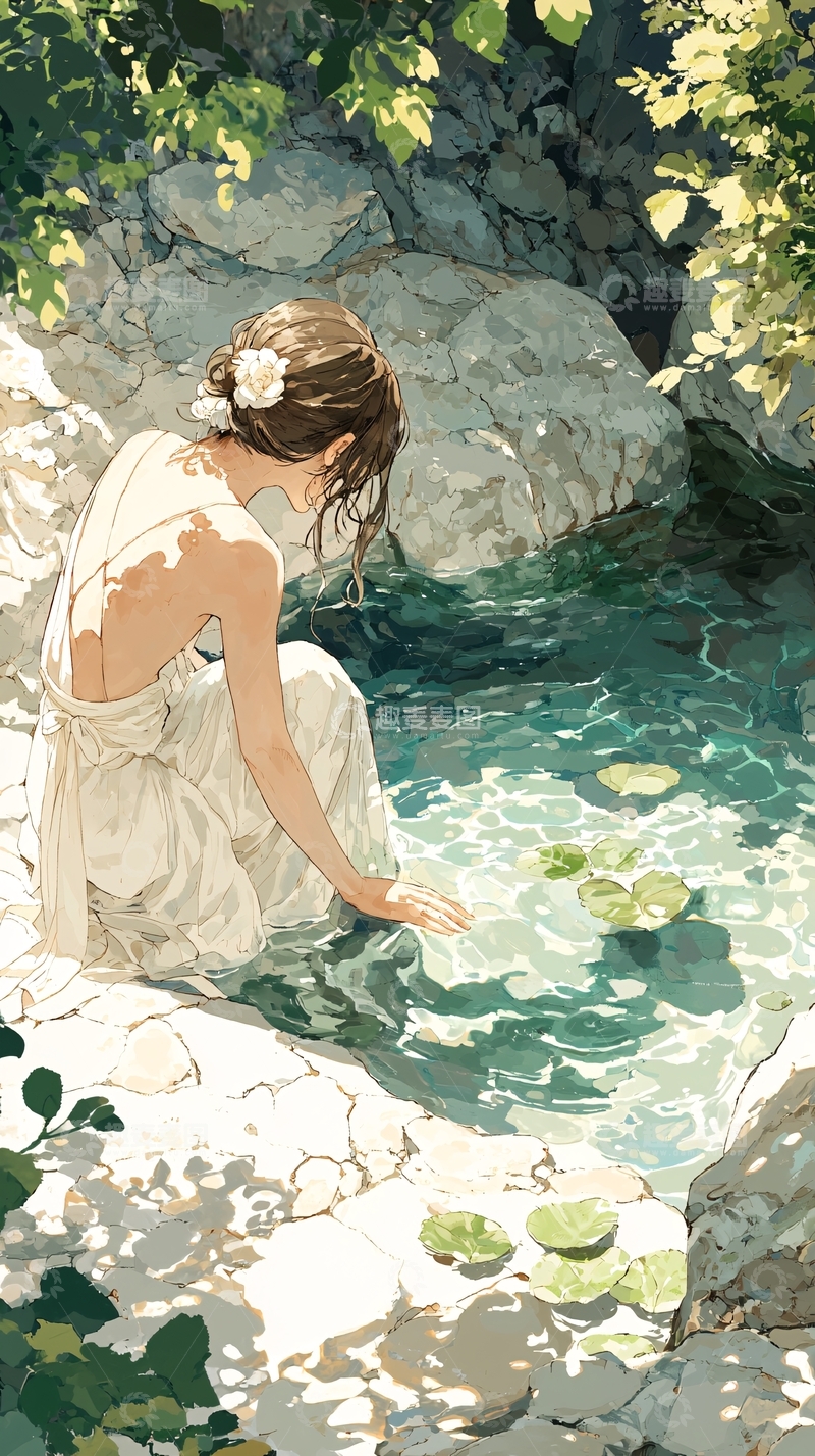 高清大图下载【趣麦麦图】夏日清凉溪边女子写意画