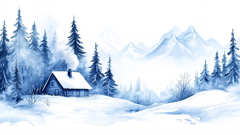 高清大图下载【趣麦麦图】冬日雪景中的小木屋