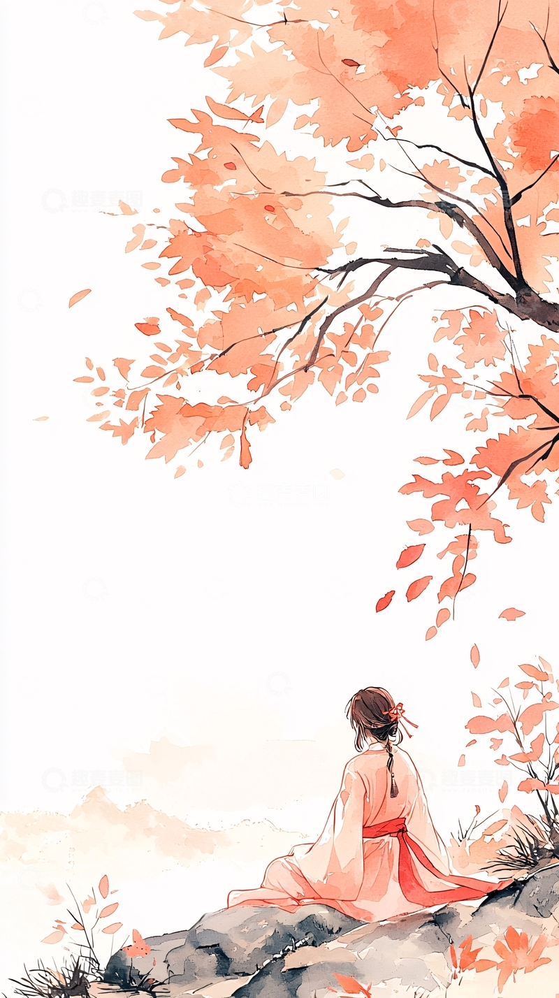高清大图下载【趣麦麦图】秋日树下静思女子