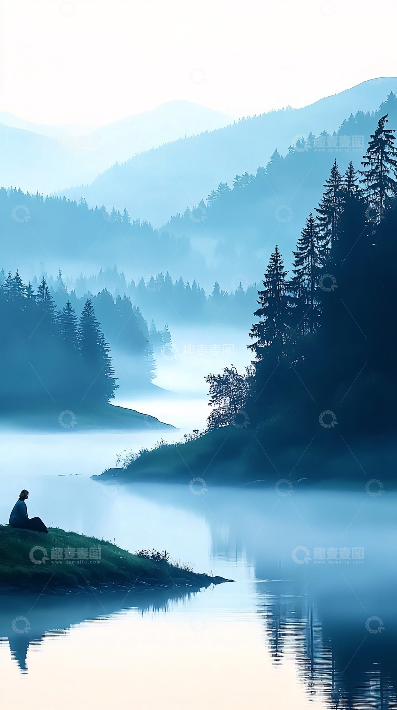 高清大图下载【趣麦麦图】晨雾中的宁静湖畔