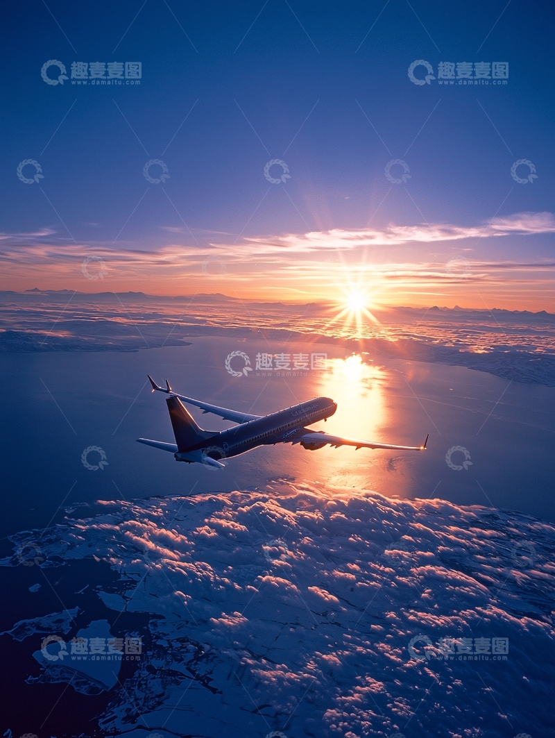 高清大图下载【趣麦麦图】飞机在云层之上飞向日落