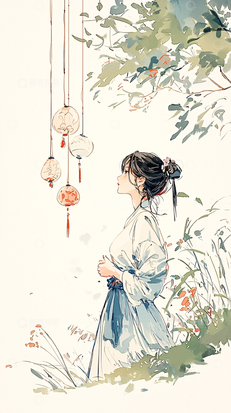 秋夜灯笼下的女子