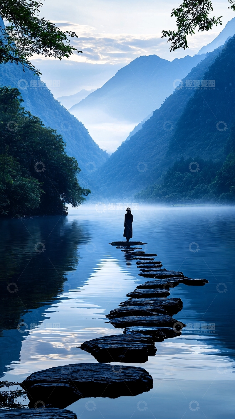 高清大图下载【趣麦麦图】宁静山谷中的石桥与独行者