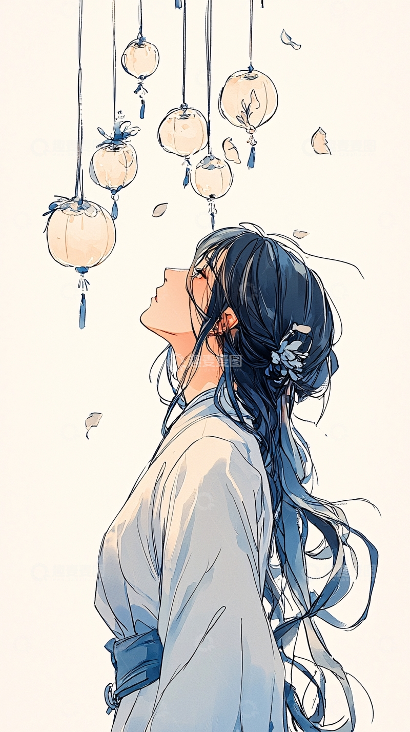 高清大图下载【趣麦麦图】月下灯笼下的女子