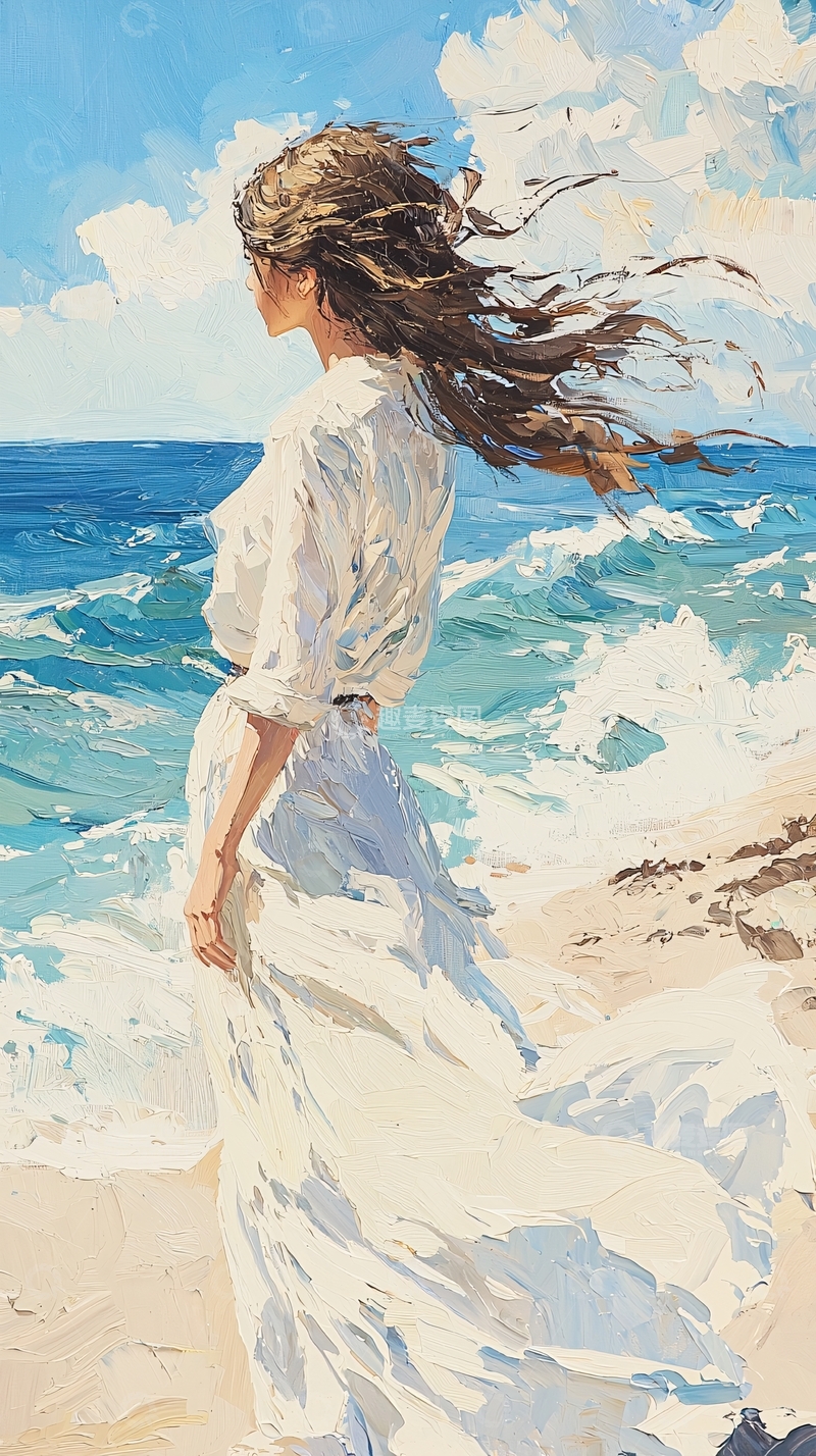 高清大图下载【趣麦麦图】海边飘逸长发女子