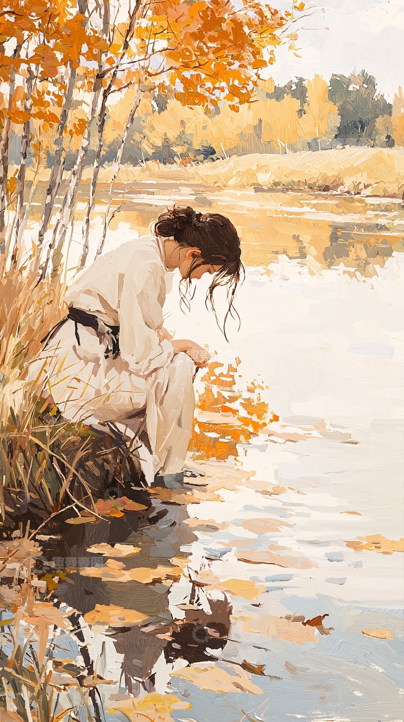 高清大图下载【趣麦麦图】秋日河边静思女子