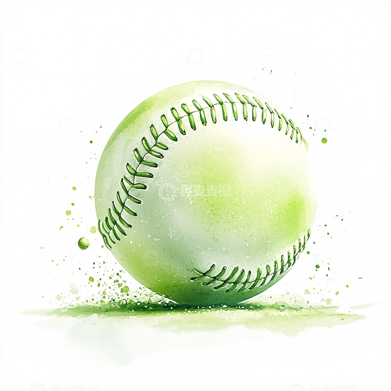 高清大图下载【趣麦麦图】绿色棒球水彩画艺术插图