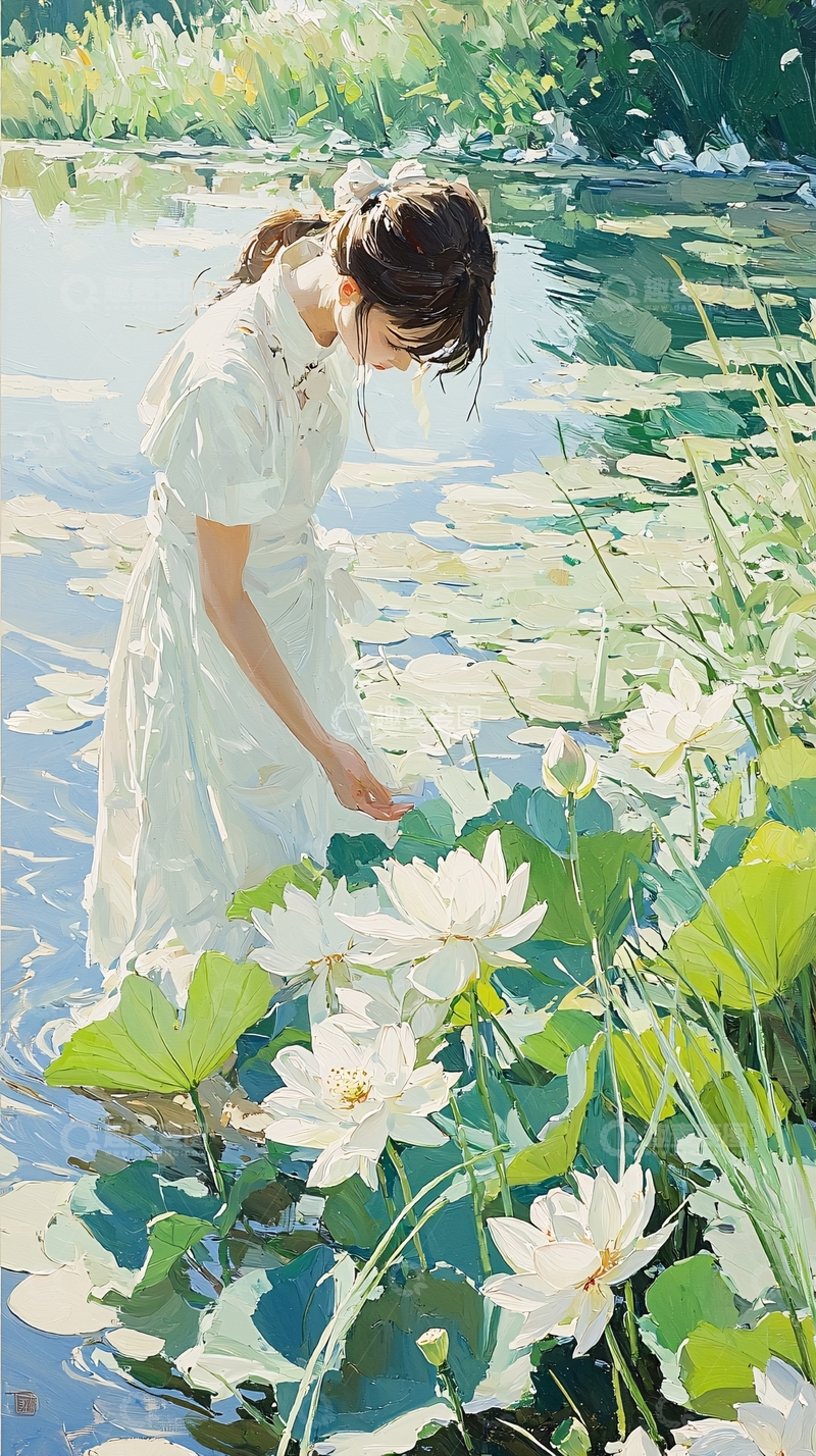 高清大图下载【趣麦麦图】荷塘女子采摘莲花
