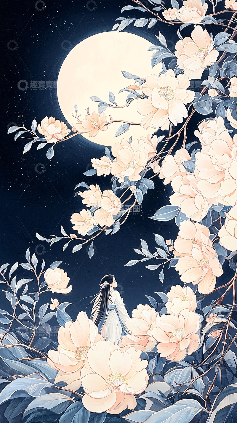高清大图下载【趣麦麦图】月下花影下的女子