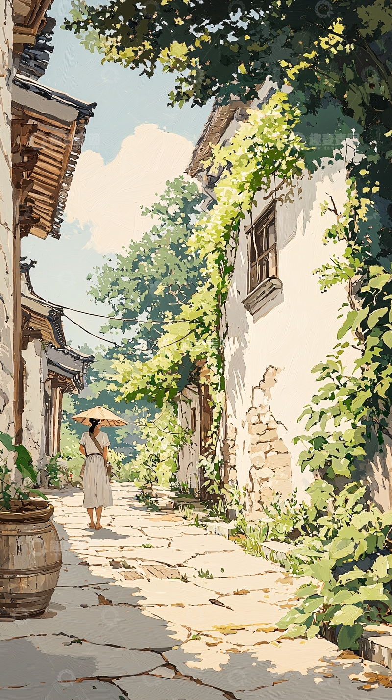 高清大图下载【趣麦麦图】古村落中的女子与伞影